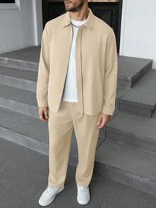 Manfinity Homme 男士休闲拉链外套和裤子两件套 - 杏色 - 查看 4