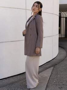 Andrea Bello Manteau court en laine à chevrons à manches longues avec boutons au revers et poches, manteau d'hiver à la mode et mature pour femmes - Kaki - Voir 2