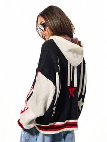 SUMWON WOMEN Áo khoác cardigan trùm đầu họa tiết sao Intarsia cỡ lớn với tay áo tương phản và thiết kế khối màu cho mùa thu đông - Nhiều màu - Xem 2