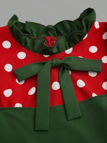 Sweetra Plus Size Cute Polka Dot Print Contrast Color Apron Dress - Red - View 8
