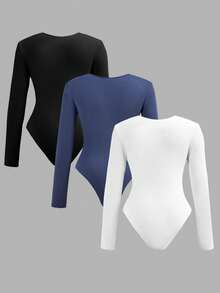 3件套少女休闲家居服基本款简约圆领长袖连体衣套装，高弹保暖罗纹针织纯色连体衣，黑/白/藏青色可选，适合休闲和运动穿着 - 彩色 - 查看 2