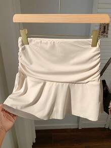 Comfortcana 夏季卡其色 Y2k 纯色褶皱荷叶边下摆半身裙迷你裙 - 卡其色 - 查看 4