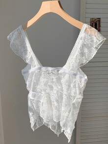 SHEIN EZwear 优雅白色蕾丝不对称下摆女式T恤，夏季 - 白色 - 查看 2