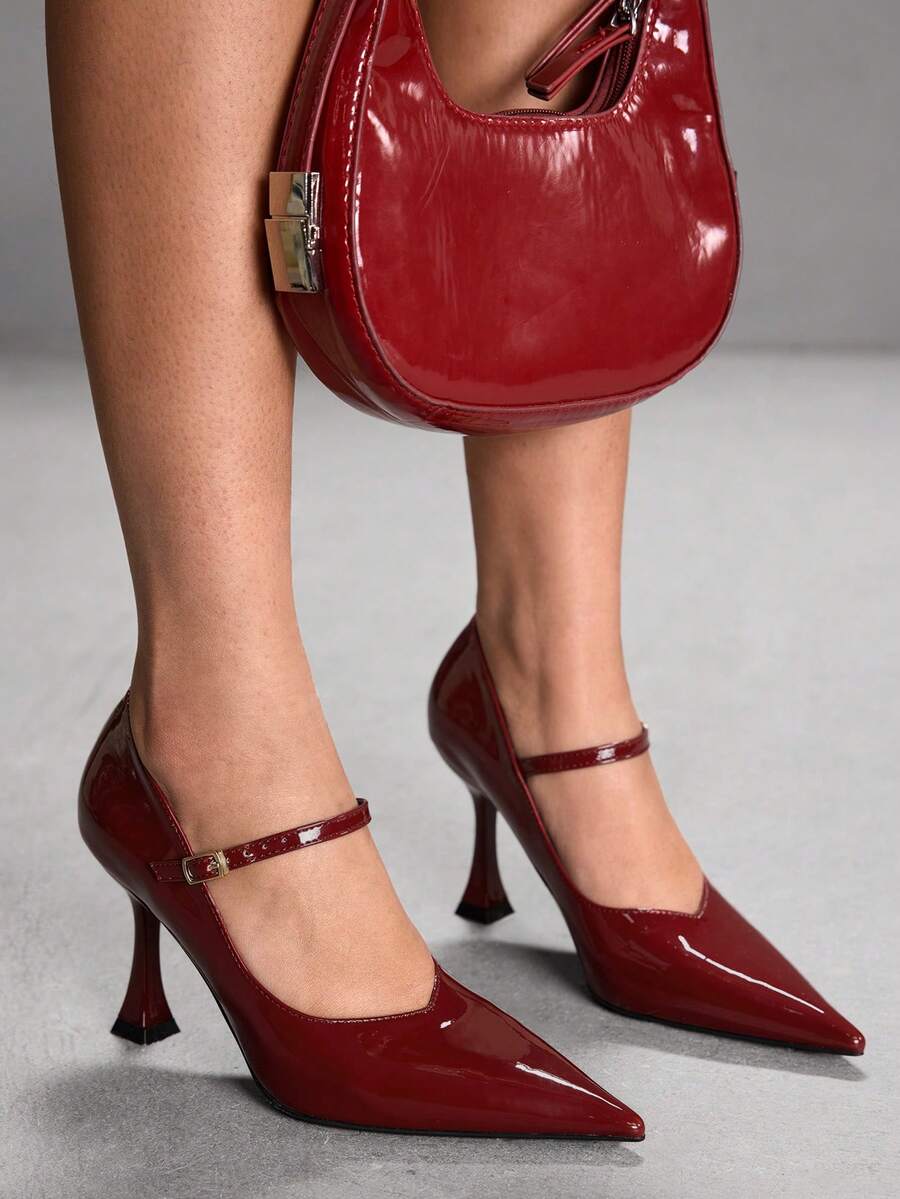 CUCCOO SZL 女士尖头高跟鞋，稳固行走，适合宴会、派对、音乐节等圣诞节等正式场合的礼服鞋 - 酒紅色 - 查看 1