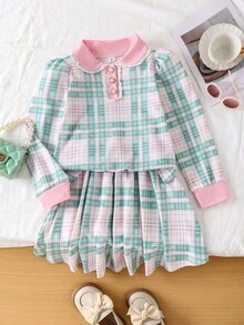 Elladie kids Tween Girls Sweet, Cute, Elegant, Academic Style Green & Pink Plaid Puff Sleeve Top Paired With Skirt Casual Minimalist T-Shirt Set