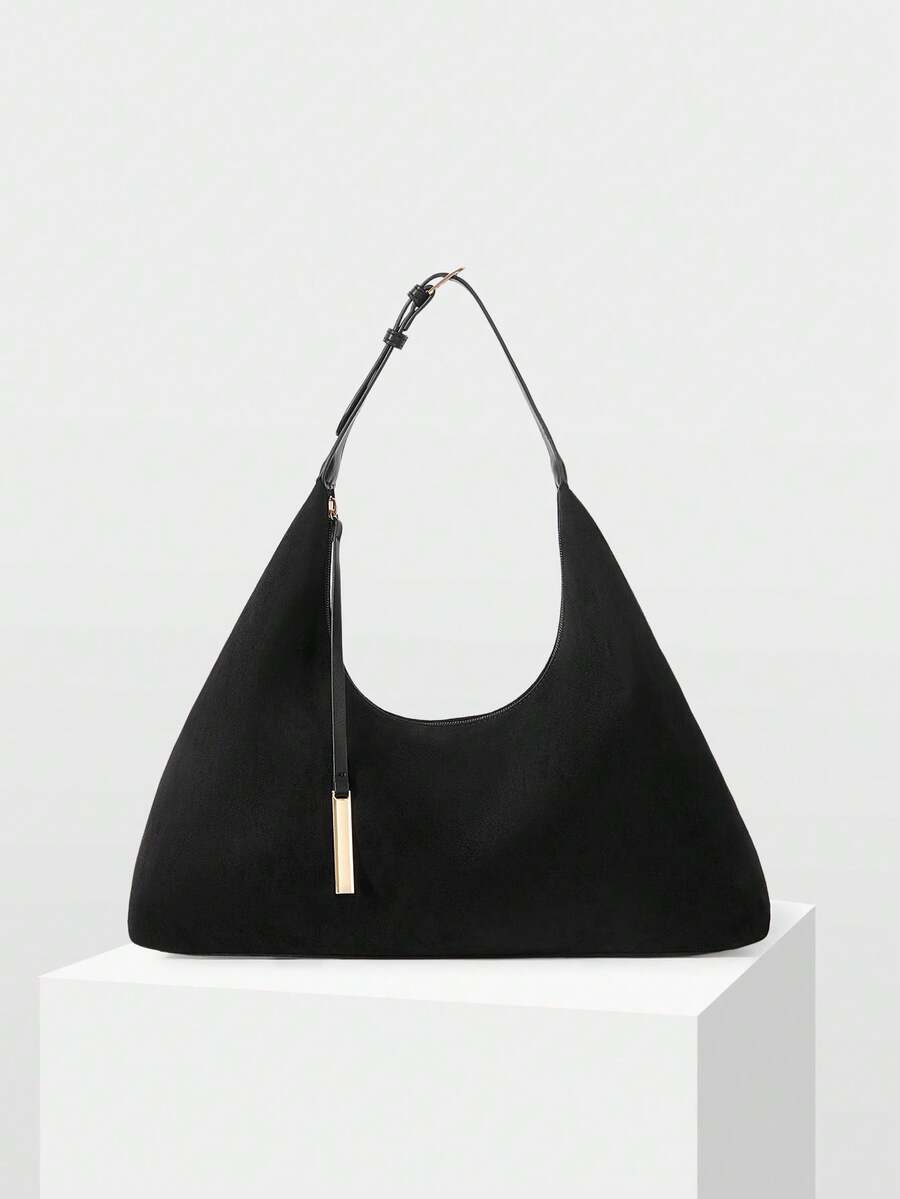 MOTF PREMIUM 纯色麂皮超大水桶单肩包，完美搭配女士秋季穿搭 - 黑色 - 查看 1