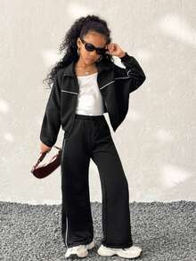 Coolane Kids Tween Girl Fall /Winter, Streetwear Basic Back To School 2pcs Set Zip Front Long Sleeve Hoodie And Drawstring Waist Pants Casual Suit, Christmas,New Year ,Thanksgiving - Black - View 1