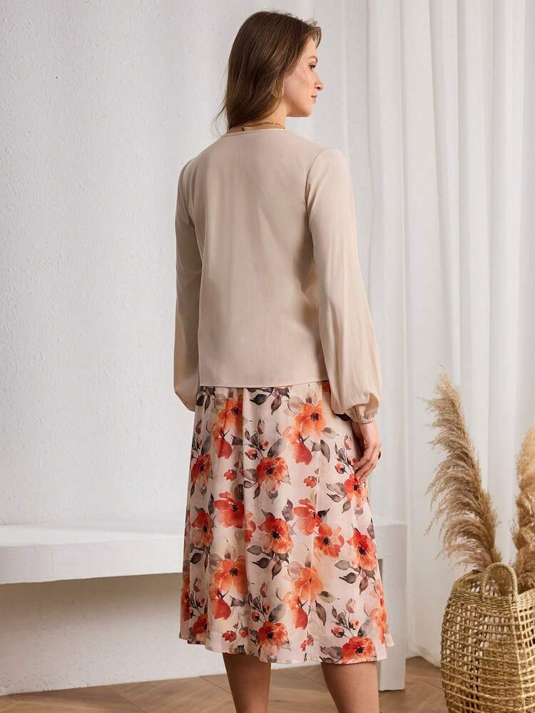 This Elegant Two-Piece Women's Set Features A Soft, Light Apricot Top Paired With A Pink-Based Red Floral Skirt. It Perfectly Captures The Warm Atmosphere Of The New Year While Exuding A Fresh And Fashionable Vibe. The Bright Red Floral Pattern Is Vibrant Yet Gentle. The V-Neck Loose-Fitting Top And Flared Skirt Are Accentuated By A Wide Belt To Define The Waistline, Offering Comfort, A Slimming Effect, And Elegance. Suitable For Spring And Autumn, This Set Can Be Accessorized With Jewelry To Brighten The Look Or Layered With A Jacket For Added Depth. Perfect For Youthful Gatherings And Casual Occasions, This Set Combines The Vibrancy Of Red Florals With A Gentle, Fashionable Touch, Making It A Versatile Piece For Your New Year's Wardrobe That Blends Energy And Femininity.