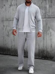 Manfinity Homme Áo khoác nam dài tay cổ đứng màu trơn có khóa kéo, kiểu dáng thường ngày, đa năng, bộ đồ hai mảnh màu xám cho nam, bộ đồ thể thao hai mảnh cho nam, bộ đồ chạy bộ cho nam, bộ đồ dệt kim hai mảnh cho nam. - Màu Xám nhạt - Xem 6