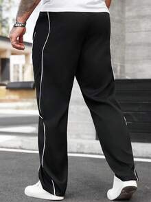 Manfinity CasualCool 男士休闲畅销直筒裤，INS 高街嘻哈风格，侧边白色抽绳，黑色面料，适合所有季节和日常穿着，送给男友/老公的必备礼物，男士休闲服装，Y2K 男士慢跑裤，男士阔腿侧条纹健身裤，男士运动裤，男士休闲裤，男士健身裤 - 黑色 - 查看 2