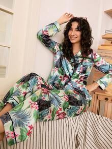 Chillnights Conjunto de pijama de mujer con cárdigan de solapa con estampado de leopardo y hojas florales - Verde - Ver 6