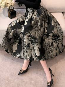 DAZY 女士花卉提花褶裥优雅半身裙 - 黑色 - 查看 1