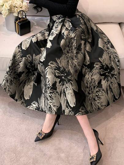 DAZY 女士花卉提花褶裥优雅半身裙