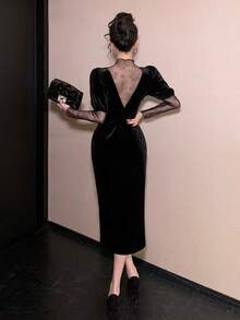 DAZY Đầm dài nhung phối ren 2 trong 1 dành cho nữ, xẻ tà, đầm dạ hội thanh lịch. - màu đen - Xem 5