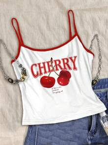 Attitoon 3 件套性感可爱樱桃、橙色、芙蓉花卉印花细肩带吊带背心上衣，女士海滩度假风格，适合夏季