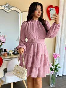 Vionelle 大码提花纹理情人节层叠蛋糕裙，适合春秋季节穿着，灯笼袖连衣裙，长袖夏季连衣裙，粉色荷叶边连衣裙，荷叶边层叠连衣裙，粉色长袖连衣裙，女装 - 粉色 - 查看 7