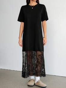 SHEIN Tall Robe décontractée ample à col rond et manches courtes de couleur unie avec dentelle. Convient pour les sorties, les déplacements, les tenues d'aéroport, les robes "Old Money", les tenues de sortie, les tenues d'enseignante, les robes élégantes pour femmes - Noir - Voir 3