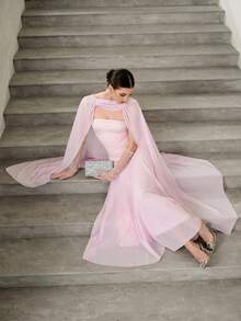 Elenzga 优雅浪漫拼接修身A字连衣裙（女款） - 粉色 - 查看 7