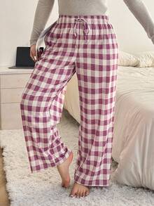 Dazy Plus Fashionable Plaid Elastic Waist Drawstring Loose Wide Leg Pajama Bottoms - Red and White - View 1
