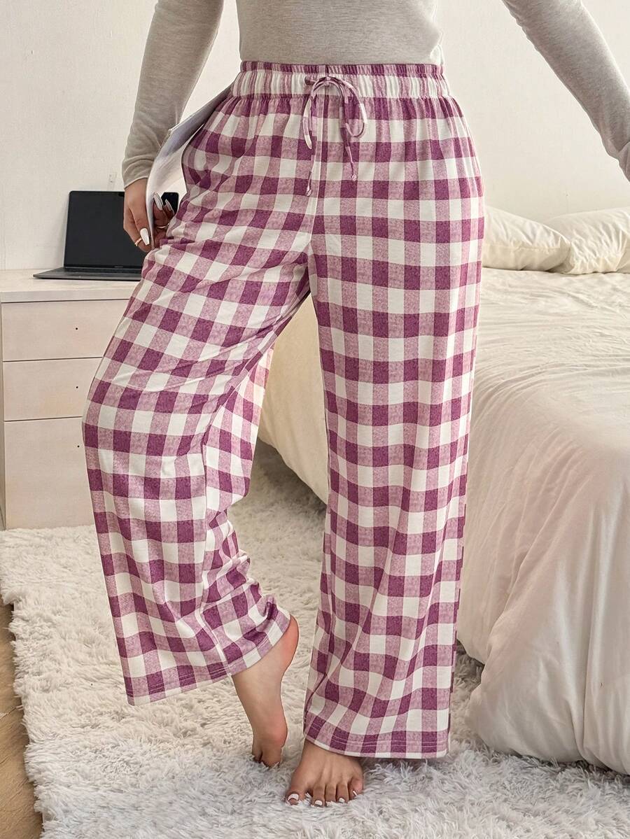 Dazy Plus Fashionable Plaid Elastic Waist Drawstring Loose Wide Leg Pajama Bottoms - Red and White - View 1