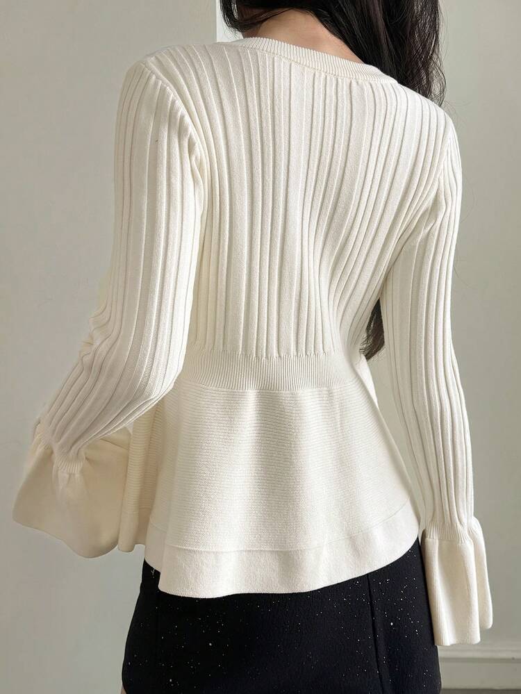 Women's Elegant White Ruffled Collar Waist Fitted Knit Sweater, Winter