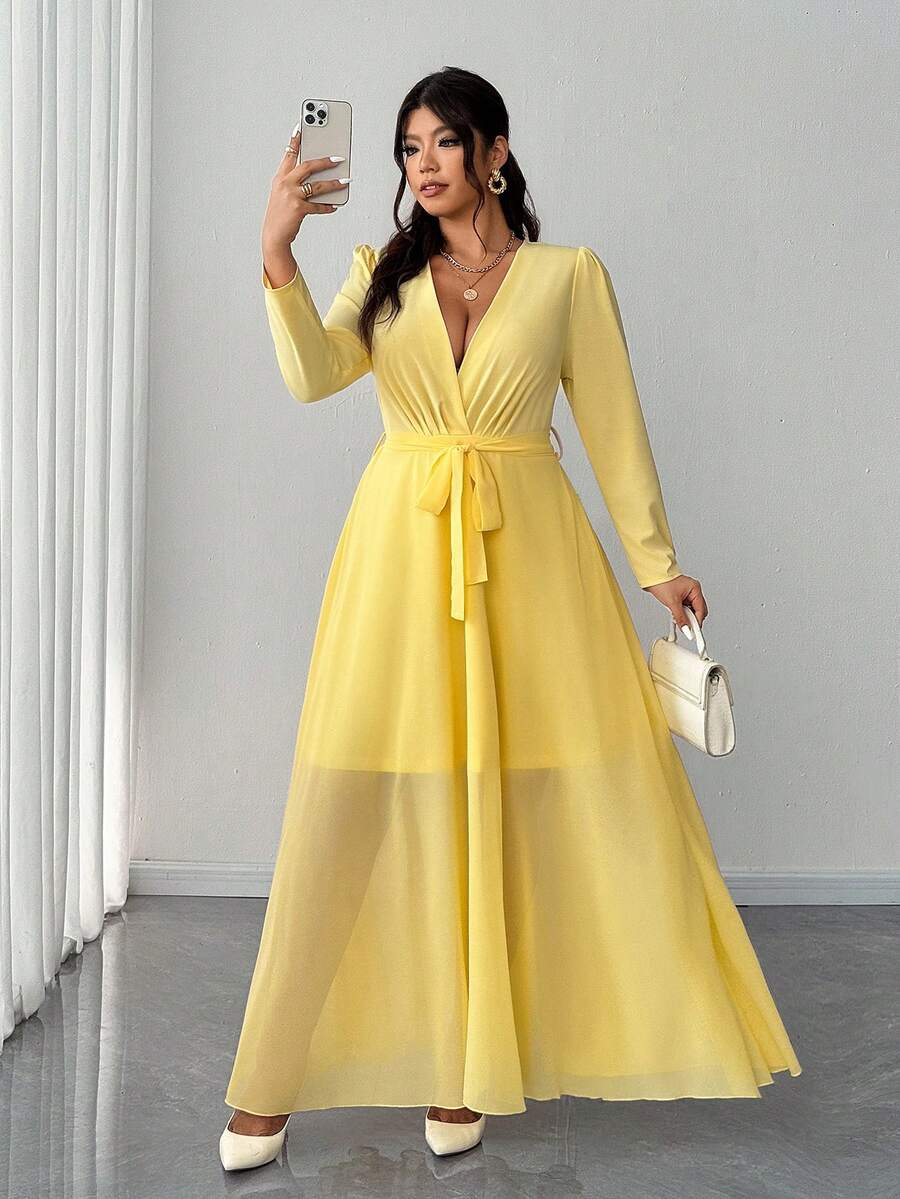 Elenzga 大码女士优雅浪漫休闲V领长袖飘逸雪纺长裙 - 黃色 - 查看 1