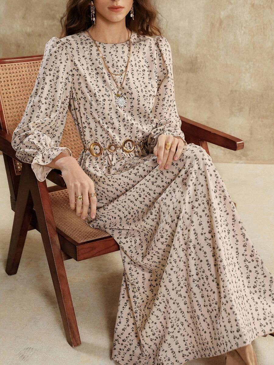 Florisole Váy maxi dáng rộng tay dài cổ tròn dáng chữ A in hoa phong cách Bohemian cho nữ, màu mơ, xuân/thu - Màu Khaki - Xem 1