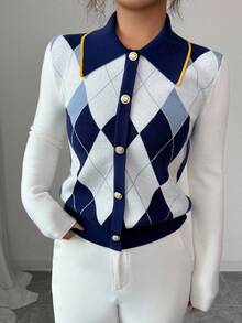 Elenzga Elegant Blue & White Argyle Pattern Turndown Collar Faux Placket Long Sleeve Knit Sweater, Suitable For Commuting & Everyday Wear, Autumn/Winter