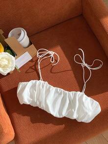 Comfortcana Women Solid Color Pleated Strap Casual Daily Wear Spring Summer Tank Top - White - View 3