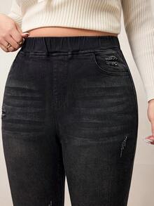 Enliva Plus Size Distressed Slim Fit Washed Denim Jeans/2026 /New Year - Black - View 4