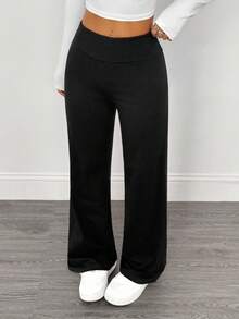 SHEIN PETITE 2pcs Women Casual High Waist Fold-Over Wide Leg Straight Pants, Suitable For Summer - Black - View 10