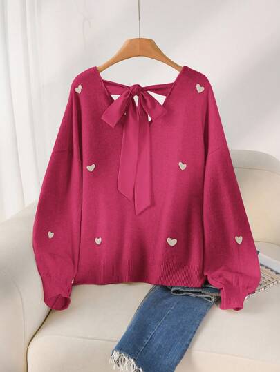 CosyJoli 大码休闲心形图案米色V领露背套头衫女秋冬装