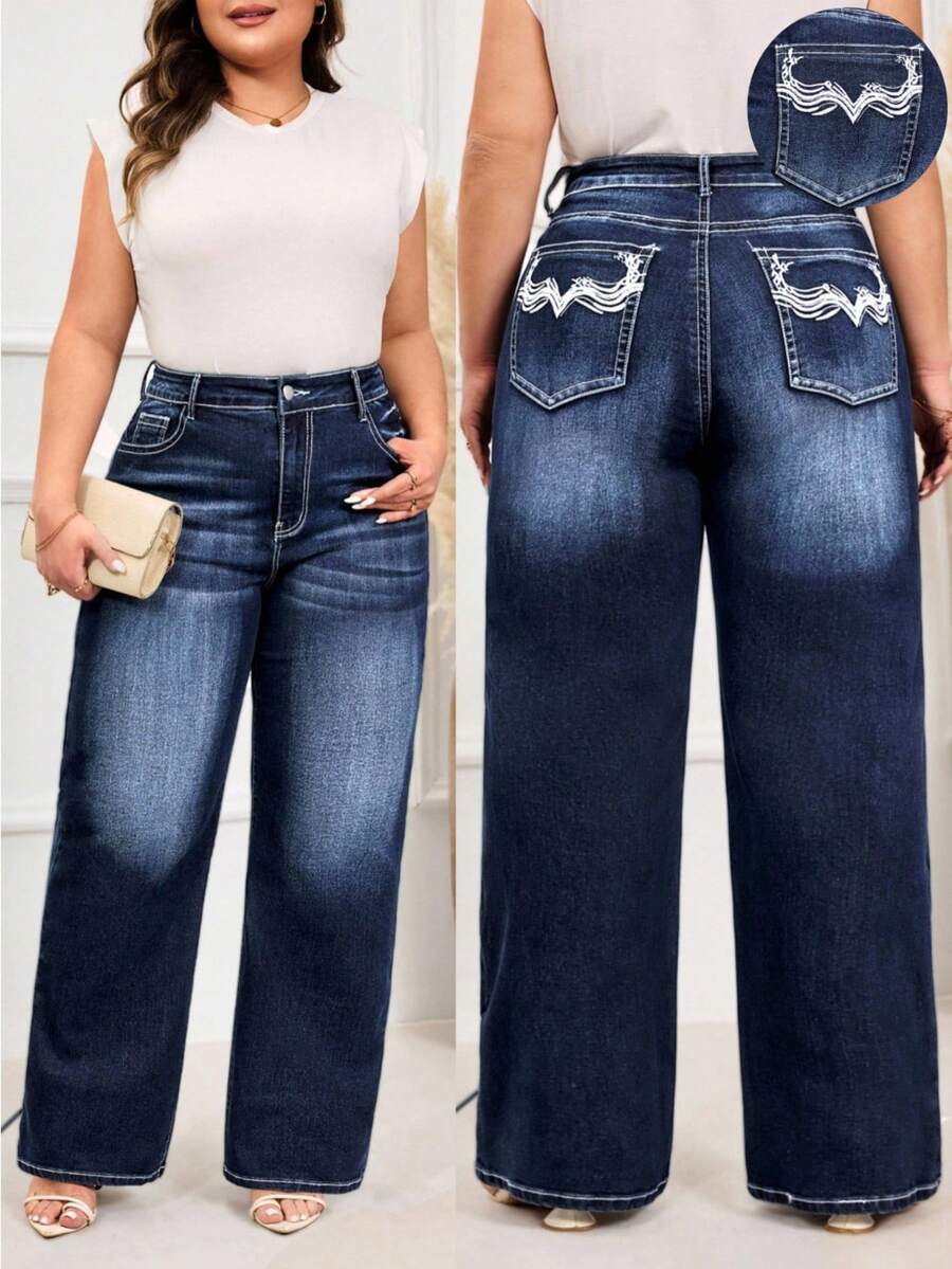 EMERY ROSE Plus Size Women High Waist Pockets Wide Leg Loose Casual Versatile Jeans Winter New Year - Dark Wash - View 1