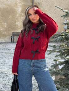 Jeta Ari French Bow Knit Soft & Chunky Sweater For Women, Sweet Long Sleeve Pullover For Winter Knit Pullover Fall Outfit - Burgundy - View 5