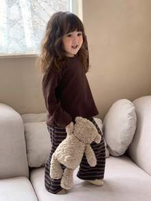 DAZY 2pcs/Set Toddler Girls' Casual Solid Color Round Neck Top And Striped Pants Pajama Set - Coffee Brown - View 6