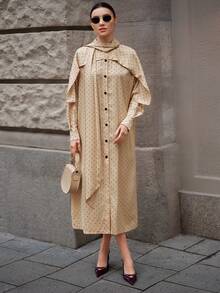 Ontre 都市时尚风格，极致舒适，卡其色底黑色波点，荷叶边装饰，宽松廓形，蝴蝶结领口，长袖，女士中长连衣裙，春夏装，返校季，商务休闲，通勤装，情人节时尚，2026春夏新品 - 卡其色 - 查看 5