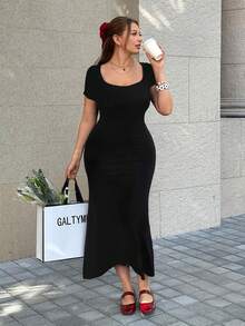 SHEIN EZwear Plus Scoop Neck Bodycon Dress - Black - View 3