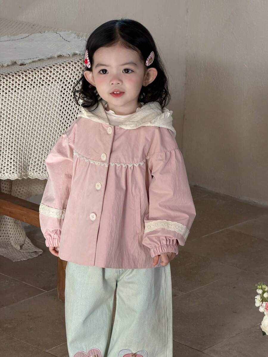 DAZY Áo khoác dài tay cài một hàng khuy cho bé gái, phối ren hoa, có mũ trùm đầu, thích hợp cho mùa xuân, quần áo cho bé gái tập đi. - Hồng - Xem 1
