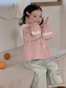 DAZY Áo khoác dài tay cài một hàng khuy cho bé gái, phối ren hoa, có mũ trùm đầu, thích hợp cho mùa xuân, quần áo cho bé gái tập đi. - Hồng - Xem 7
