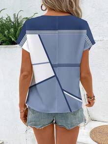 EMERY ROSE Women's Casual Minimalist Geometric Patchwork Loose Short Sleeve Round Neck Shirt, Suitable For Summer Suitable For Going Out Chic Blouses For Women - Multicolor - View 2