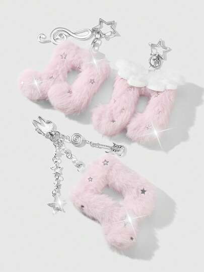 Kawaii 1pc Multi-Style Ins Cute & Elegant Silver Rhinestone Star Swirl Guitar Pendant, White Plush Angel Wings, Pink Double-Sided Starry Plush Music Note Pendant, DIY Keychain Accessory, Suitable For Sisters, Friends, Couples, Daily Wear, Holiday Gifts