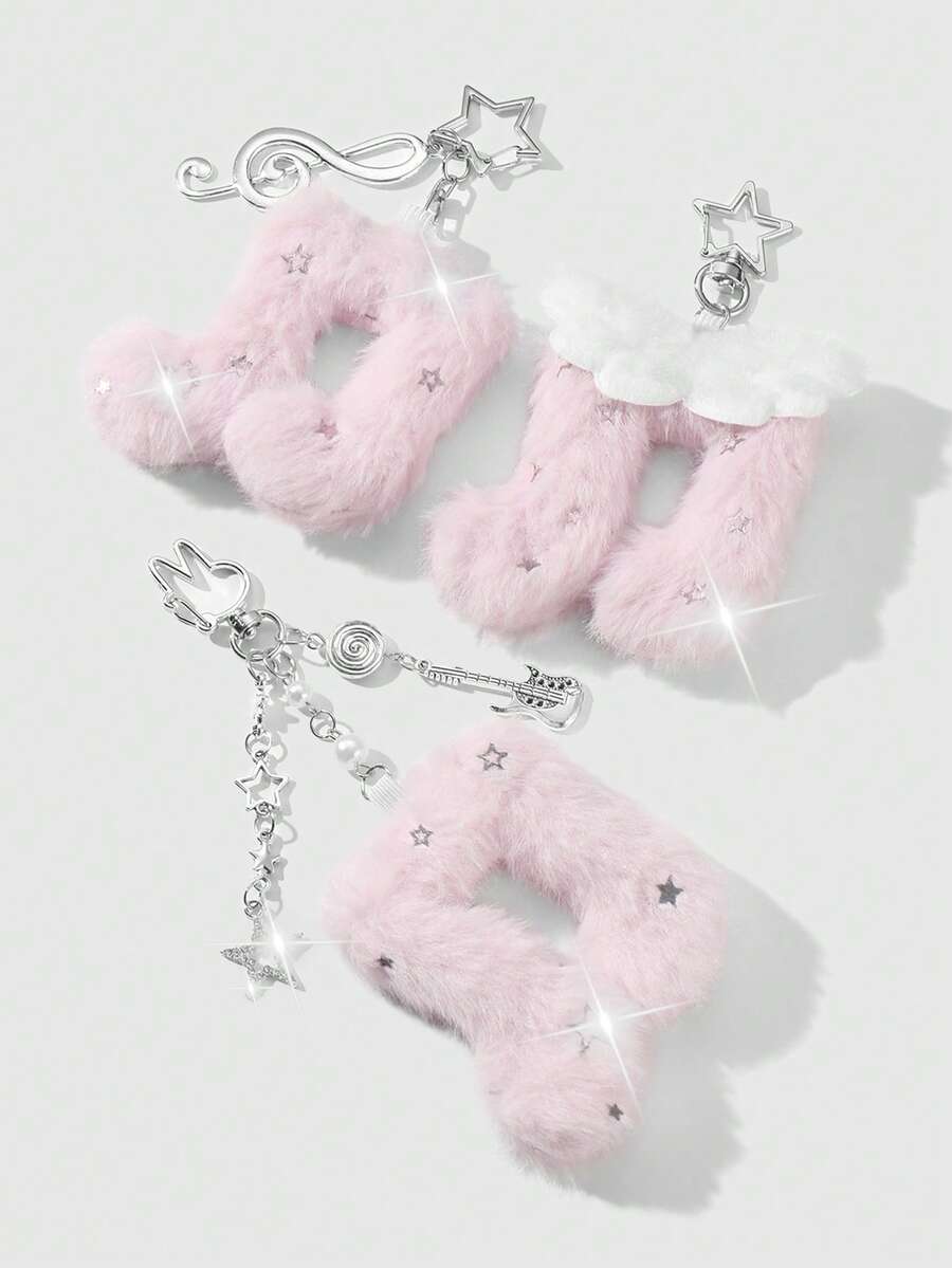 ROMWE Kawaii 1pc Multi-Style Ins Cute & Elegant Silver Rhinestone Star Swirl Guitar Pendant, White Plush Angel Wings, Pink Double-Sided Starry Plush Music Note Pendant, DIY Keychain Accessory, Suitable For Sisters, Friends, Couples, Daily Wear, Holiday Gifts - Pink - View 1