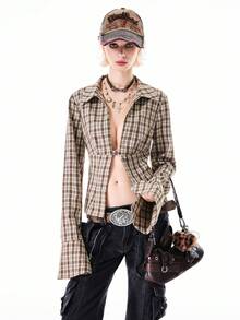 Bloopia 女士格子束腰金属钩开衫 - 棕色 - 查看 1