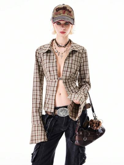 Bloopia Women's Plaid Cinched Waist Metal Hook Cardigan