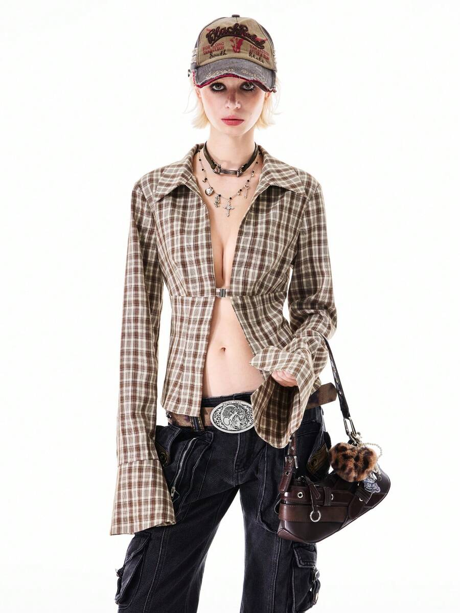 Bloopia 女士格子束腰金属钩开衫 - 棕色 - 查看 1