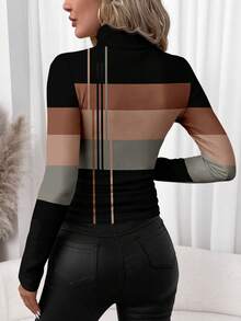 SHEIN Clasi 休闲复古优雅通勤百搭暖色调抽象条纹印花图案，适合秋冬季舒适保暖女士长袖修身高领T恤 - 彩色 - 查看 2