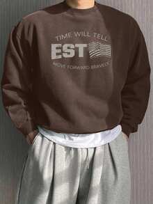 DAZY Pullover Sweatshirt With Letter Print And Independence Day National Flag Design, Autumn - Brown - View 4