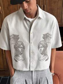 SWAVVY Men's Fashionable Roman Portrait Print Shirt - Light Grey - View 6