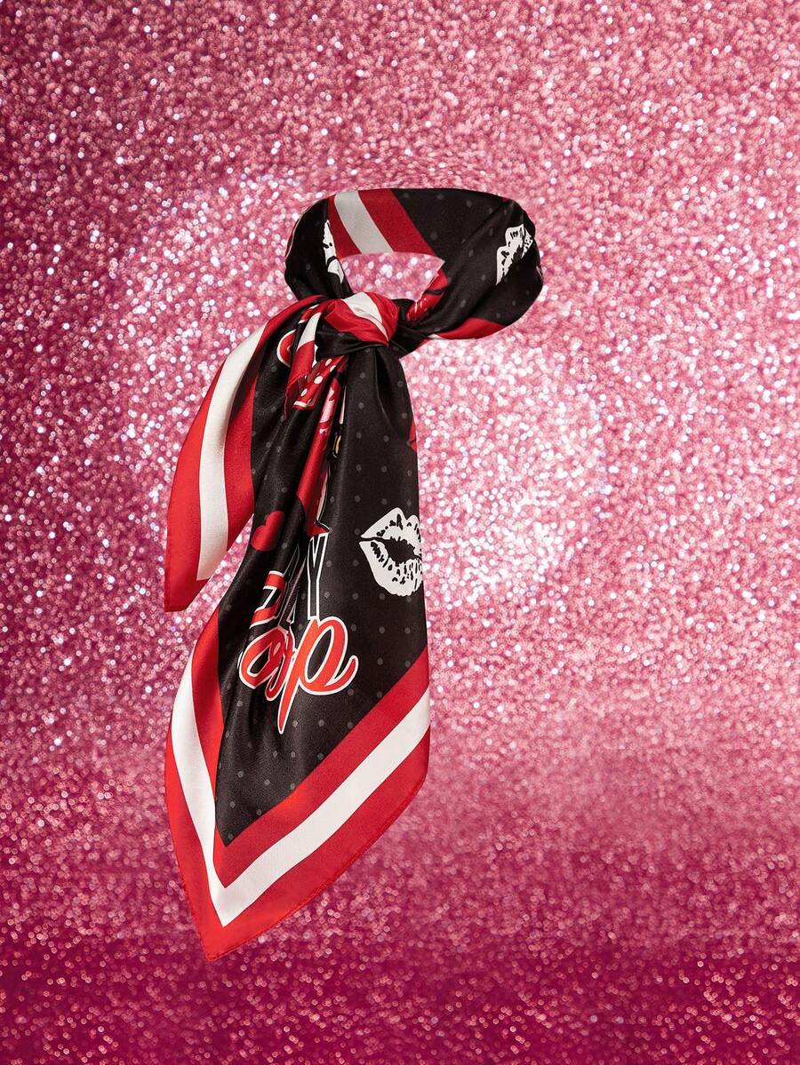 Betty Boop x SHEIN Fashion Lady Black Smooth Soft Square Scarf, Suitable For Gifts Outdoor Travel Photography Style Matching,Gift Ideas,Party,Holiday,Valentine's Day - Multicolor - View 1