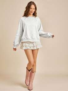 WESTFADE Fleece & Crochet Lace Crewneck Raglan Sleeve Boxy Fit Sweatshirt Back To School Fall Clothes - Grey - View 6